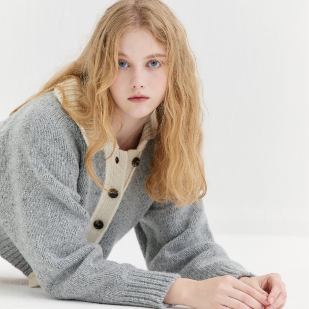 wool blended cardigan with contrast collar